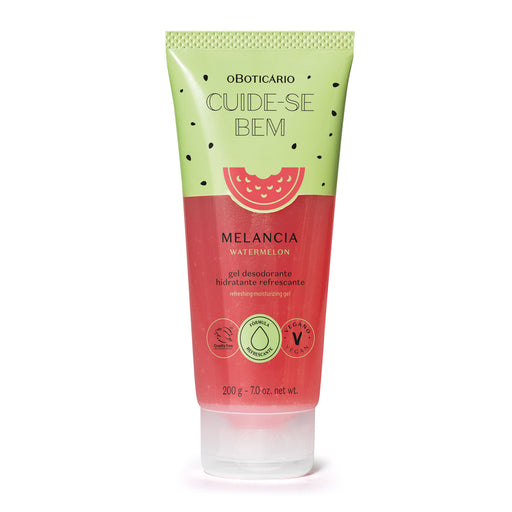 O Boticário Cuide-se Bem Melancia refreshing deodorant moisturizing body gel 200 g in green and pink tube, front view with vegan and cruelty-free seals – Buy now at MKPBR.COM – Worldwide Shipping