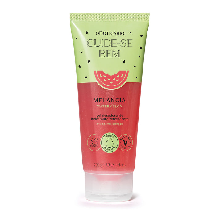 O Boticário Cuide-se Bem Melancia refreshing deodorant moisturizing body gel 200 g in green and pink tube, front view with vegan and cruelty-free seals – Buy now at MKPBR.COM – Worldwide Shipping