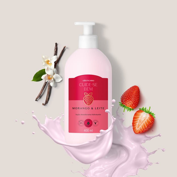 Back label of the Boticário Cuide-se Bem Morango e Leite body lotion showing the Portuguese ingredient list and usage directions – Buy now at MKPBR.COM – Worldwide Shipping