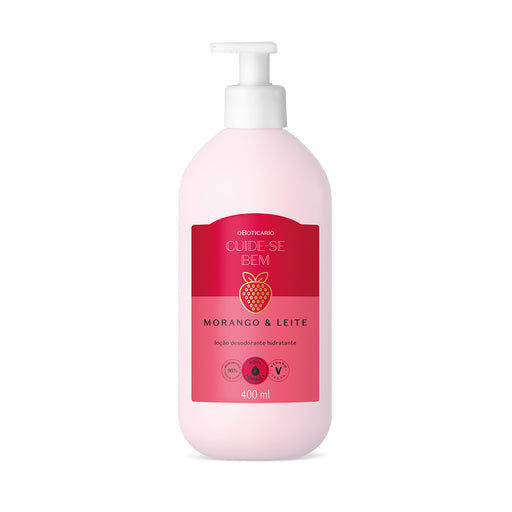 Front view of the pink Boticário Cuide-se Bem Morango e Leite deodorant body lotion 400 ml bottle with strawberry and milk artwork – Buy now at MKPBR.COM – Worldwide Shipping