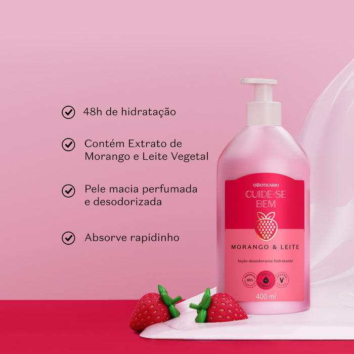 Side angle of the Boticário Cuide-se Bem strawberry and milk Brazilian body moisturizer bottle showing the flip-top cap and 400 ml size – Buy now at MKPBR.COM – Worldwide Shipping