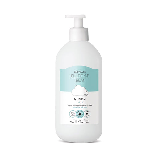 Boticário Cuide-se Bem Nuvem Deodorant Body Lotion 400 ml front view of the Brazilian moisturizing bottle with cloud-soft fragrance – Buy now at MKPBR.COM – Worldwide Shipping