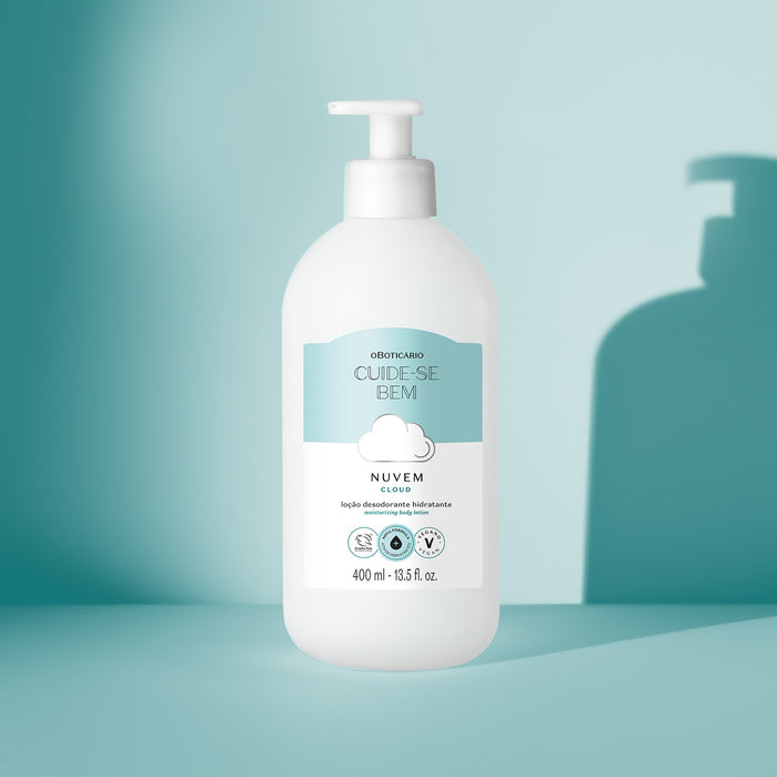 Boticário Cuide-se Bem Nuvem Body Lotion 400 ml styled lifestyle shot of the fast-absorbing 96 hour hydration Brazilian body moisturizer – Buy now at MKPBR.COM – Worldwide Shipping