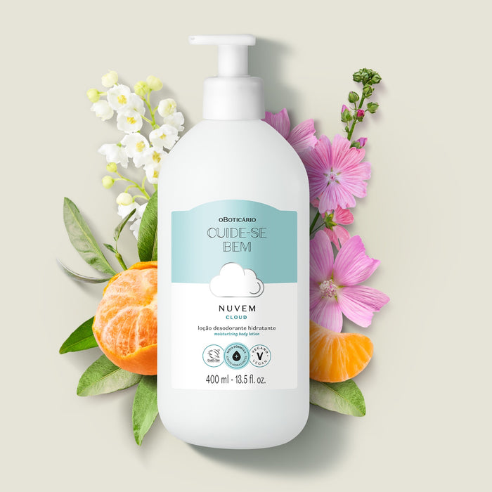 Boticário Cuide-se Bem Nuvem Body Lotion 400 ml sustainability detail showing sugarcane-derived plant-based plastic packaging – Buy now at MKPBR.COM – Worldwide Shipping