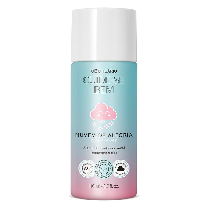 Boticario Cuide-se Bem Nuvem de Alegria hydrating body oil 110 ml bottle front view with pastel blue and pink gradient label – Buy now at MKPBR.COM – Worldwide Shipping