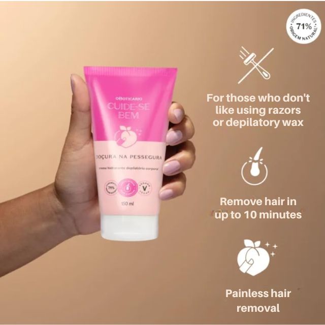Creamy texture of Boticário Doçura na Pessegura depilatory cream for body use – Buy now at MKPBR.COM – Worldwide Shipping