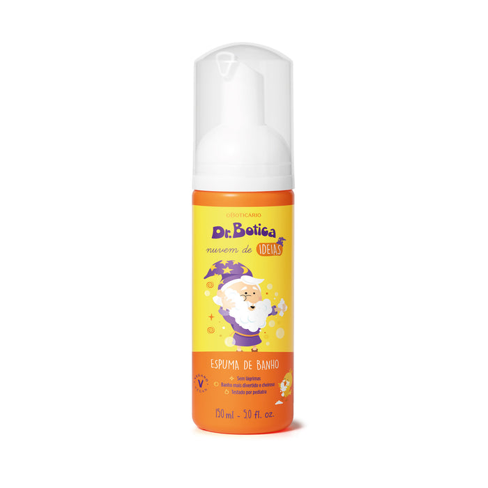 Front of the Boticario Dr. Botica Nuvem de Ideias Kids Bath Foam 150 ml orange pump bottle with the wizard artwork and vegan seal – Buy now at MKPBR.COM – Worldwide Shipping