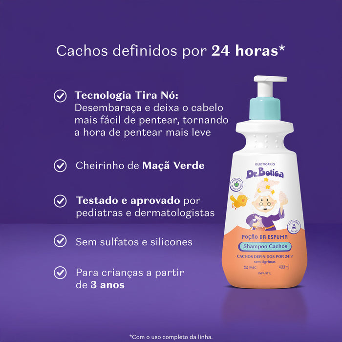 Close-up product view of Boticario Dr. Botica kids curly hair shampoo 400 ml with sweet almond oil and green apple scent from O Boticario Brazil – Buy now at MKPBR.COM – Worldwide Shipping