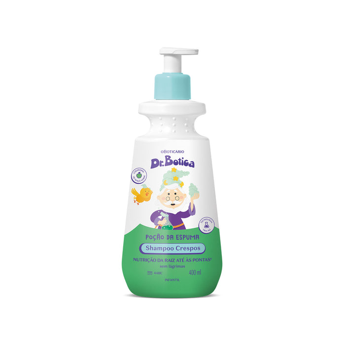 Boticário Dr. Botica Poção da Espuma Kids Shampoo for Coils 4ABC 400 ml front view of the white and green pump bottle with turquoise cap – Buy now at MKPBR.COM – Worldwide Shipping
