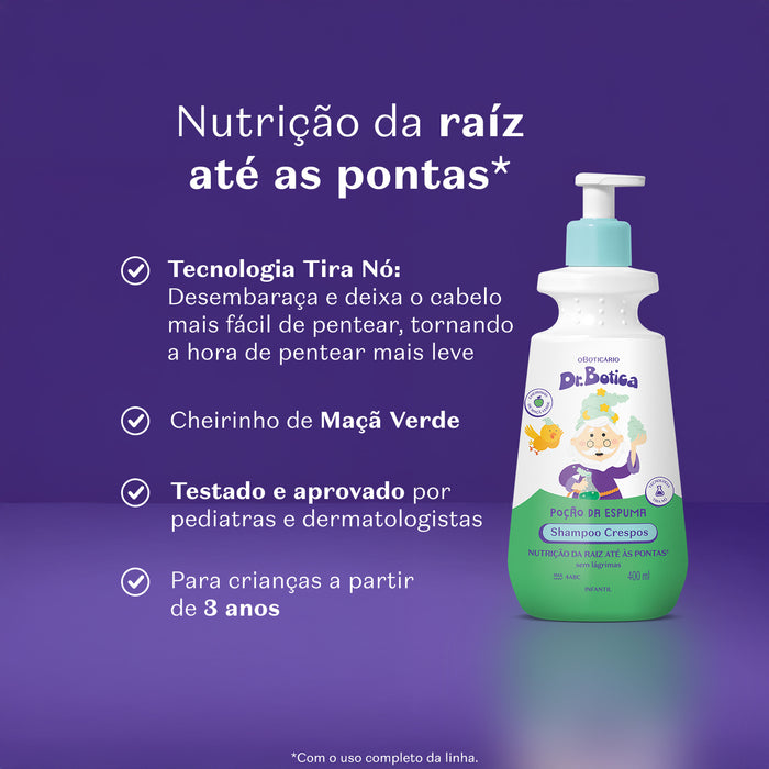 Boticário Dr. Botica Poção da Espuma Kids Shampoo for Coils 4ABC benefits chart on purple background showing Tira Nó detangling technology, green apple scent and ages 3 and up – Buy now at MKPBR.COM – Worldwide Shipping