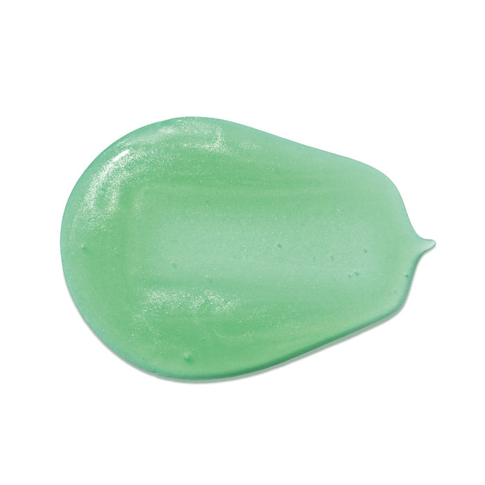 Swatch of the pearly green gel texture of Boticário Dr. Botica Poção da Espuma Kids Shampoo for Coils 4ABC on a white background – Buy now at MKPBR.COM – Worldwide Shipping