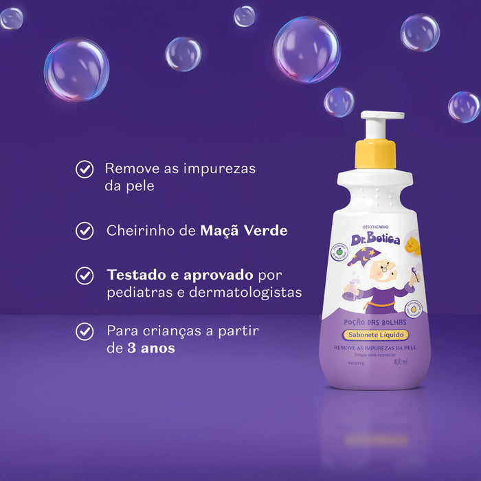 Boticário Dr. Botica Poção das Bolhas kids body wash benefits chart in Portuguese: removes skin impurities, green apple scent, dermatologist and pediatrician approved, for children from 3 years old – Buy now at MKPBR.COM – Worldwide Shipping