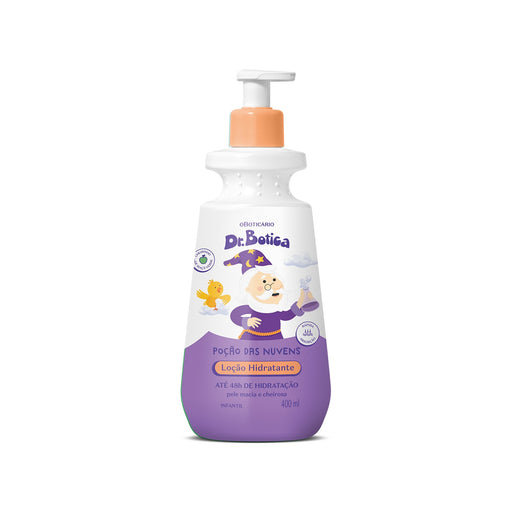 Front view of the Boticário Dr. Botica Poção das Nuvens kids deodorant body lotion 400 ml purple pump bottle with the wizard character and orange pump – Buy now at MKPBR.COM – Worldwide Shipping