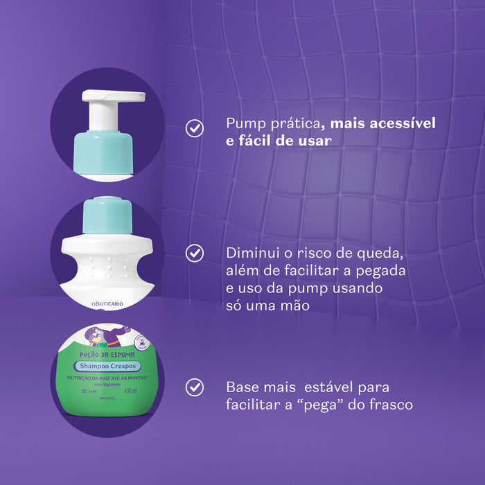 Close-up details of the Dr. Botica accessible packaging showing the easy one-hand pump, the textured grip neck and the wide stable base of the Boticário kids bath and body bottles – Buy now at MKPBR.COM – Worldwide Shipping