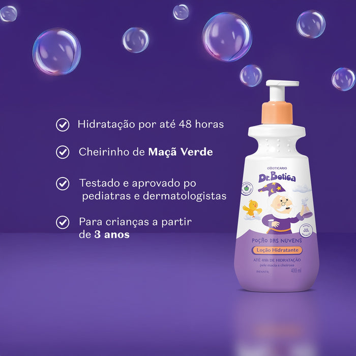Boticário Dr. Botica Poção das Nuvens kids body lotion bottle on a purple bubble background with benefit callouts for up to 48 hours of hydration, green apple scent and children from 3 years of age – Buy now at MKPBR.COM – Worldwide Shipping