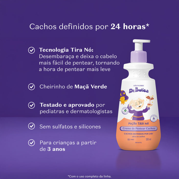 Benefits infographic for Boticário Dr. Botica kids curl defining cream showing 24-hour curl definition, knot-removing technology and green apple scent – Buy now at MKPBR.COM – Worldwide Shipping