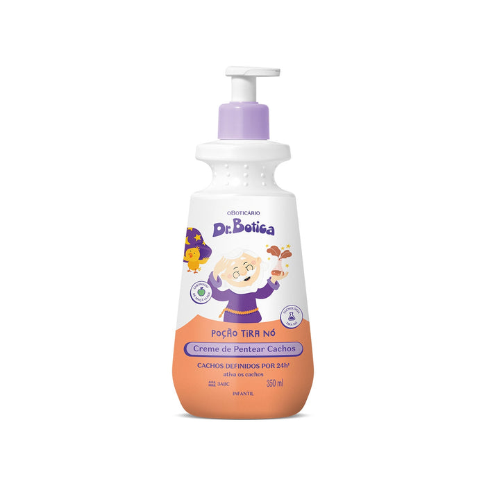 Front view of Boticário Dr. Botica Poção Tira Nó kids curl defining cream 3ABC in its 350 ml white and orange pump bottle with lilac dispenser – Buy now at MKPBR.COM – Worldwide Shipping