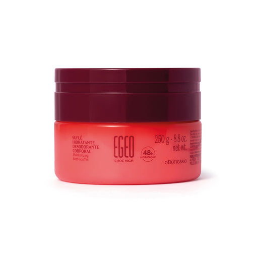 Front view of the Boticario Egeo Choc High deodorant body souffle 250 g jar, Brazilian chocolate and strawberry gourmand body moisturizer – Buy now at MKPBR.COM – Worldwide Shipping