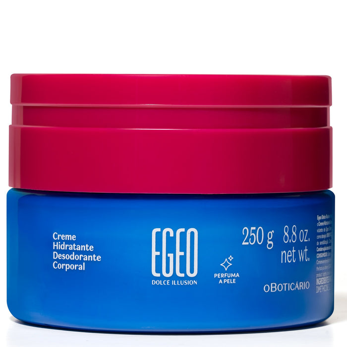O Boticário Egeo Dolce Illusion Deodorant Body Cream 250 g blue jar with pink lid, front label – Buy now at MKPBR.COM – Worldwide Shipping