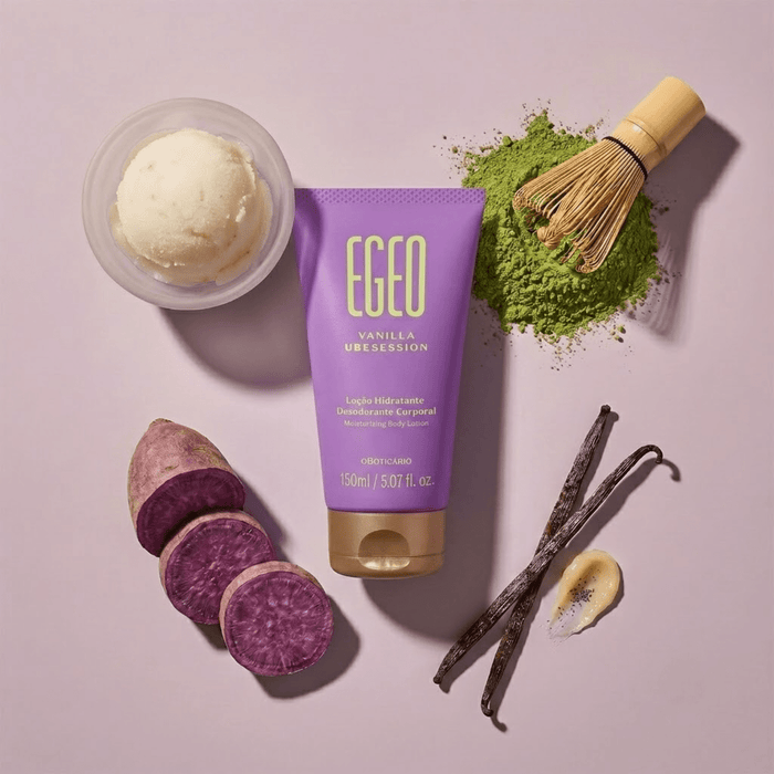 Flat lay of O Boticário Egeo Vanilla Ubesession body lotion surrounded by sliced purple ube root, matcha powder with bamboo whisk and vanilla pods – Buy now at MKPBR.COM – Worldwide Shipping