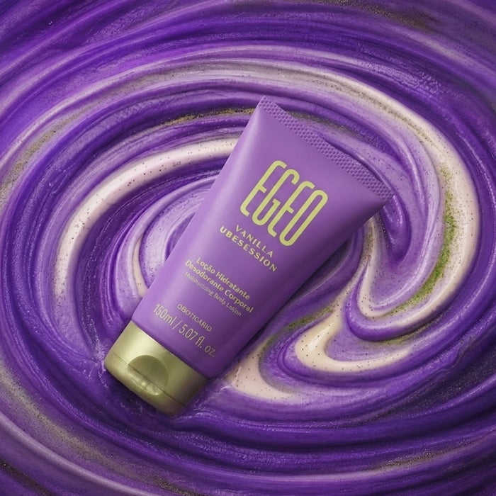 Egeo Vanilla Ubesession moisturizing body lotion tube resting on a swirl of purple and cream lotion texture, showing the lightweight consistency – Buy now at MKPBR.COM – Worldwide Shipping