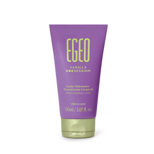Boticário Egeo Vanilla Ubesession deodorant moisturizing body lotion 150 ml purple tube with green cap, front label shot on white background – Buy now at MKPBR.COM – Worldwide Shipping