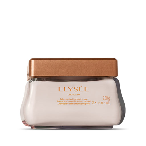 Boticário Elysée Satin Deodorant Body Cream 250 g glass jar with copper lid, front view of the Brazilian moisturizing body cream – Buy now at MKPBR.COM – Worldwide Shipping