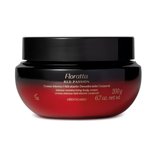 O Boticario Floratta Red Passion Intense Moisturizing Deodorant Body Cream 200 g in its black and red gradient jar with gold lettering – Buy now at MKPBR.COM – Worldwide Shipping