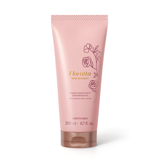O Boticário Floratta Rose Bouquet Deodorant Body Lotion 200 ml pink tube standing upright on a white background, Brazilian rose and gardenia body moisturizer – Buy now at MKPBR.COM – Worldwide Shipping
