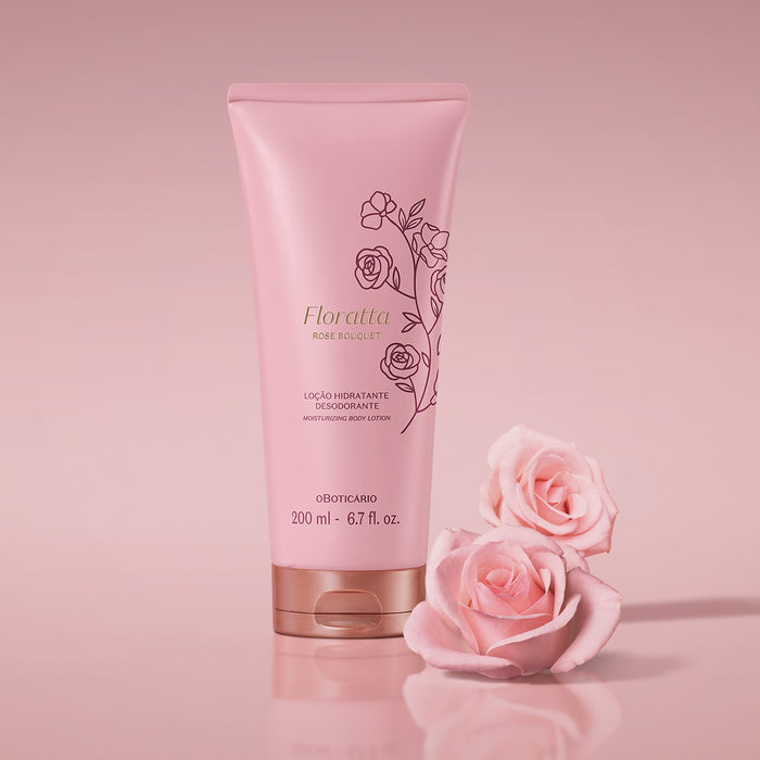 Floratta Rose Bouquet 200 ml moisturizing body lotion by O Boticário styled with soft pink roses on a blush pink background – Buy now at MKPBR.COM – Worldwide Shipping