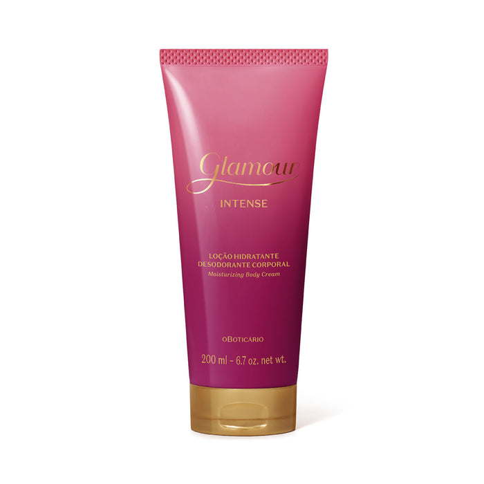Boticário Glamour Intense Deodorant Body Lotion 200 ml pink and gold tube front view on white background – Buy now at MKPBR.COM – Worldwide Shipping
