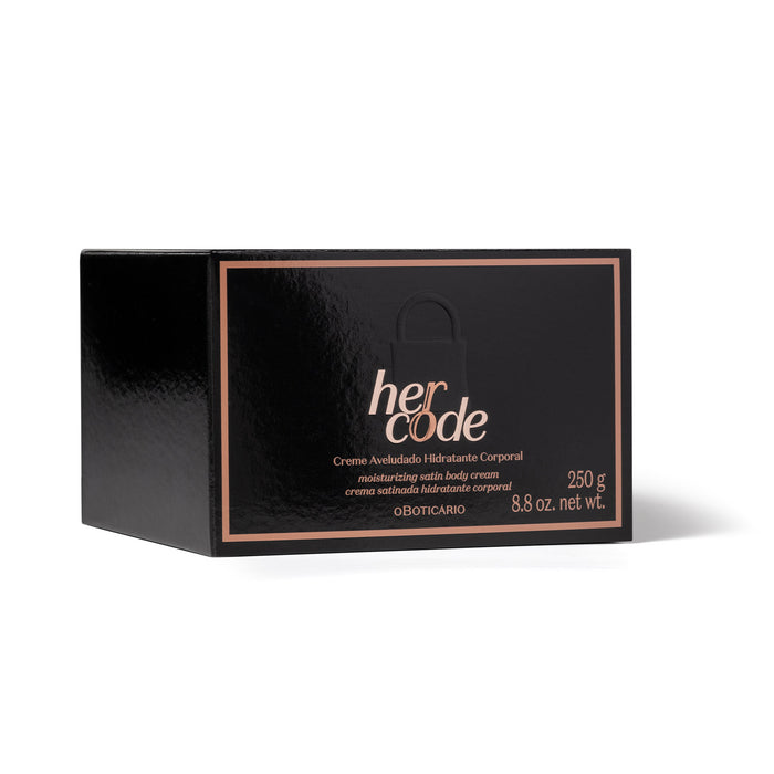 O Boticário Her Code Velvet Body Cream 250 g black gift box outer carton with rose gold lettering – Buy now at MKPBR.COM – Worldwide Shipping
