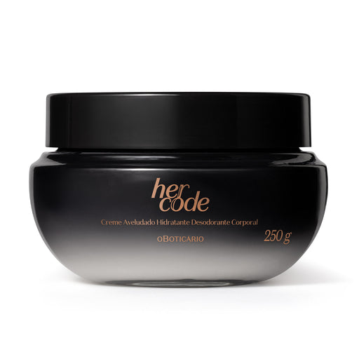 O Boticário Her Code Velvet Moisturizing Deodorant Body Cream 250 g black glossy jar, front view of the Brazilian body cream – Buy now at MKPBR.COM – Worldwide Shipping