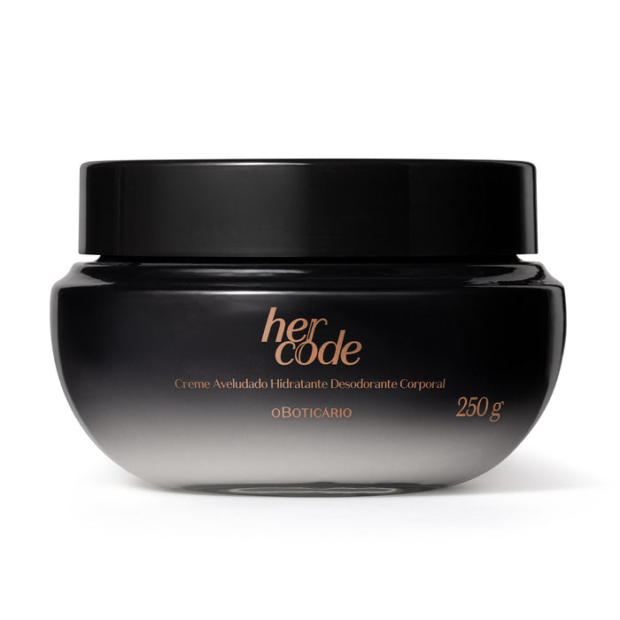 O Boticário Her Code Velvet Moisturizing Deodorant Body Cream 250 g black glossy jar, front view of the Brazilian body cream – Buy now at MKPBR.COM – Worldwide Shipping