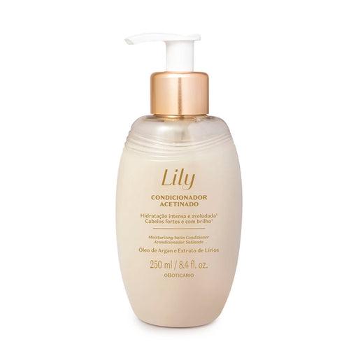 Boticário Lily Acetinado Satin Conditioner 250 ml pearl-white pump bottle with gold cap, front view of the Brazilian hair conditioner – Buy now at MKPBR.COM – Worldwide Shipping
