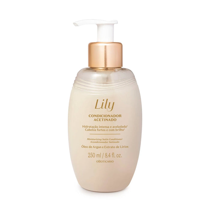 Boticário Lily Acetinado Satin Conditioner 250 ml pearl-white pump bottle with gold cap, front view of the Brazilian hair conditioner – Buy now at MKPBR.COM – Worldwide Shipping