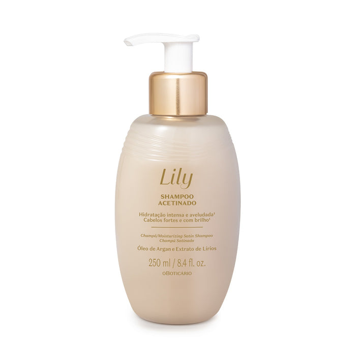Boticário Lily Acetinado Satin Shampoo 250 ml bottle, front view of the Brazilian argan oil shampoo for velvety, shiny hair – Buy now at MKPBR.COM – Worldwide Shipping