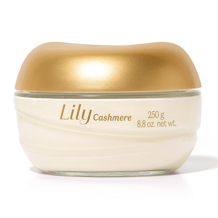 Boticário Lily Cashmere Satin Deodorant Body Cream 8.82 oz (250 g) sculpted glass jar with golden dome lid, front view – Buy now at MKPBR.COM – Worldwide Shipping