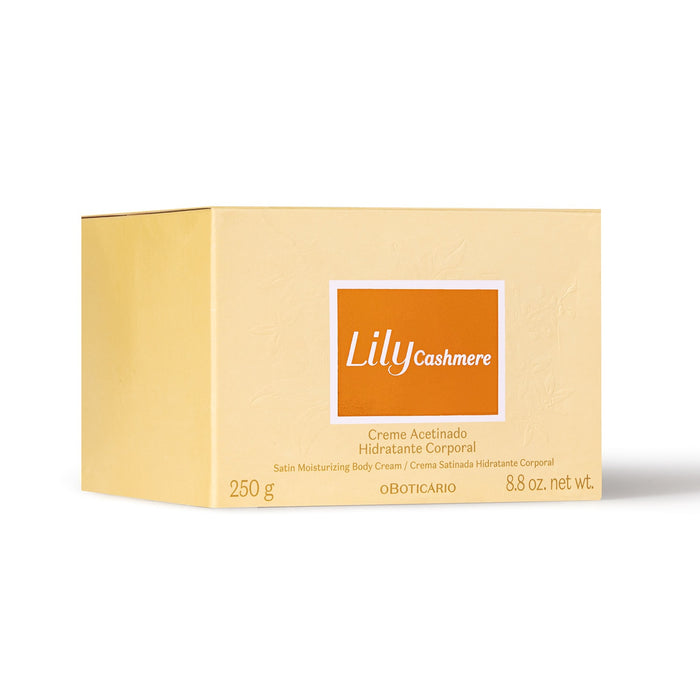 Golden outer carton box of Boticário Lily Cashmere Creme Acetinado Hidratante Corporal 250 g (8.8 oz) satin moisturizing body cream – Buy now at MKPBR.COM – Worldwide Shipping