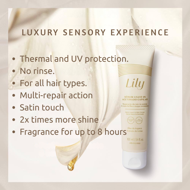 Boticário Lily Leave-in Hair Serum for all hair types with multi-repair technology – Buy now at MKPBR.COM – Worldwide Shipping
