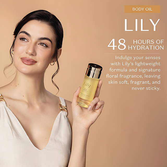 Boticário Lily Perfumed Body Oil 48h hydration graphic – Buy now at MKPBR.COM – Worldwide Shipping