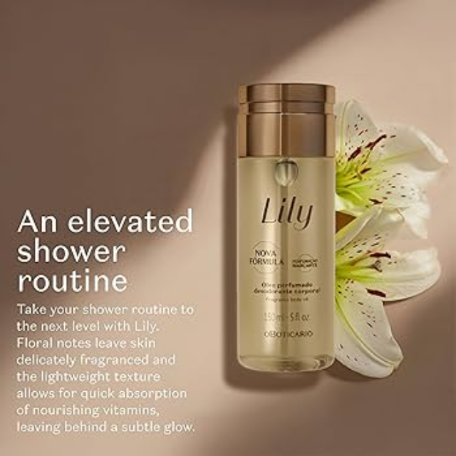 lily flower oil Boticário Lily Perfumed Body Oil – 48h Hydration & Silky Skin Feel – 5.07 fl oz (150 ml)