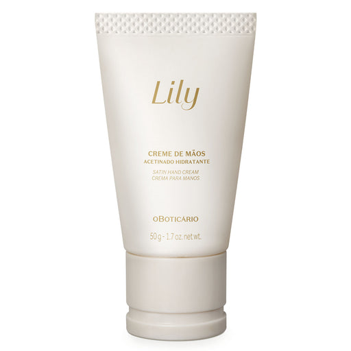 O Boticário Lily Satin Hand Cream 50 g pearl-white tube with gold Lily lettering, Brazilian moisturizing hand cream – Buy now at MKPBR.COM – Worldwide Shipping