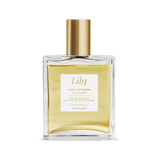 Boticário Lily Satin Multipurpose Body & Hair Oil 50 ml front view of the clear glass spray bottle with gold cap and golden Brazilian satin oil – Buy now at MKPBR.COM – Worldwide Shipping