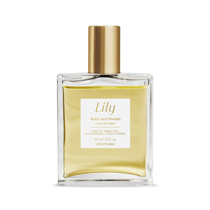 Boticário Lily Satin Multipurpose Body & Hair Oil 50 ml front view of the clear glass spray bottle with gold cap and golden Brazilian satin oil – Buy now at MKPBR.COM – Worldwide Shipping