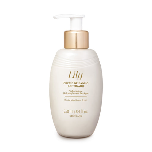 Boticário Lily Satin Shower Cream 250 ml pearl-white pump bottle with gold collar, front label view – Buy now at MKPBR.COM – Worldwide Shipping