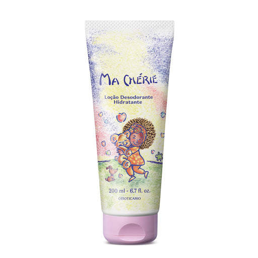 Boticário Ma Chérie Deodorant Body Lotion 200 ml Brazilian moisturizing tube with crayon-style illustrated artwork, front view – Buy now at MKPBR.COM – Worldwide Shipping