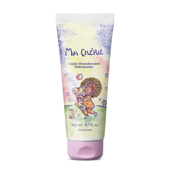 Boticário Ma Chérie Deodorant Body Lotion 200 ml Brazilian moisturizing tube with crayon-style illustrated artwork, front view – Buy now at MKPBR.COM – Worldwide Shipping