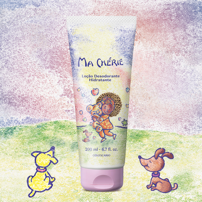 Boticário Ma Chérie Deodorant Body Lotion 200 ml tube on the pastel crayon landscape artwork of the limited-edition Brazilian collection – Buy now at MKPBR.COM – Worldwide Shipping