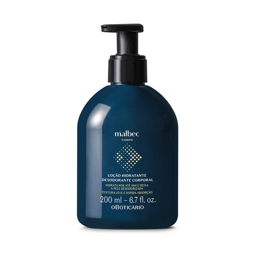 O Boticário Malbec Deodorant Body Lotion 200 ml navy pump bottle, front view of the classic Brazilian men's woody-aromatic moisturizer – Buy now at MKPBR.COM – Worldwide Shipping